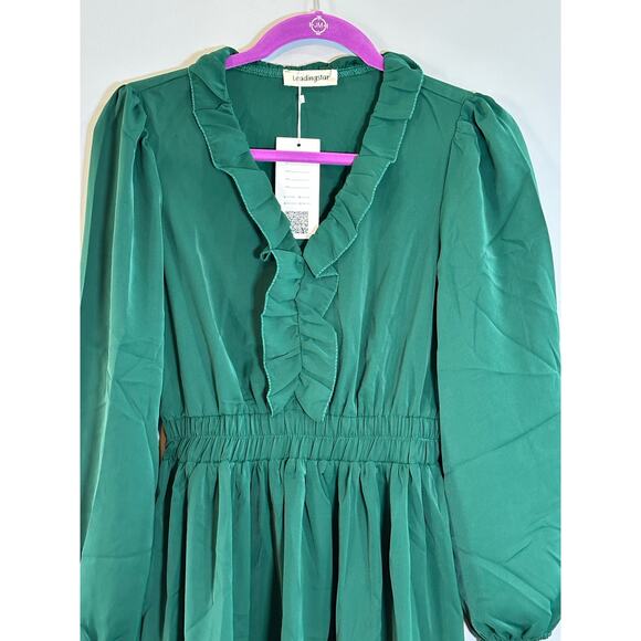 NWT- Dark green Long Sleeve midi Dress, Empire Waist Ruffle V neck- Small - Picture 4 of 6